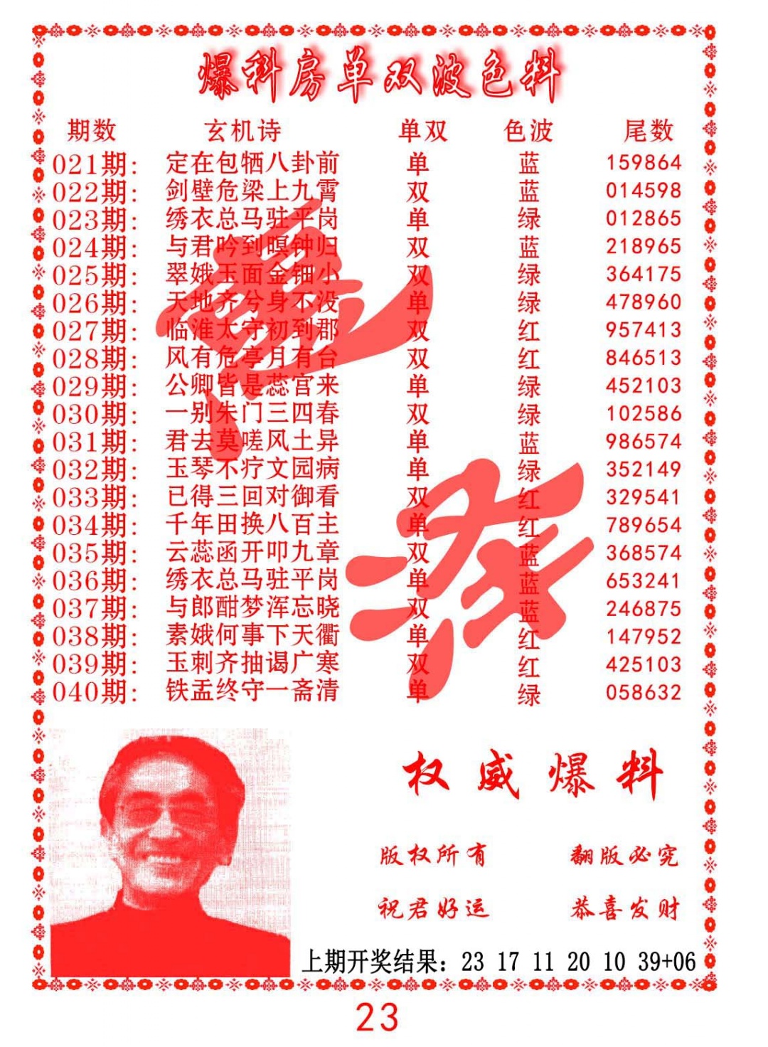 033期爆料房单双波色料[图]