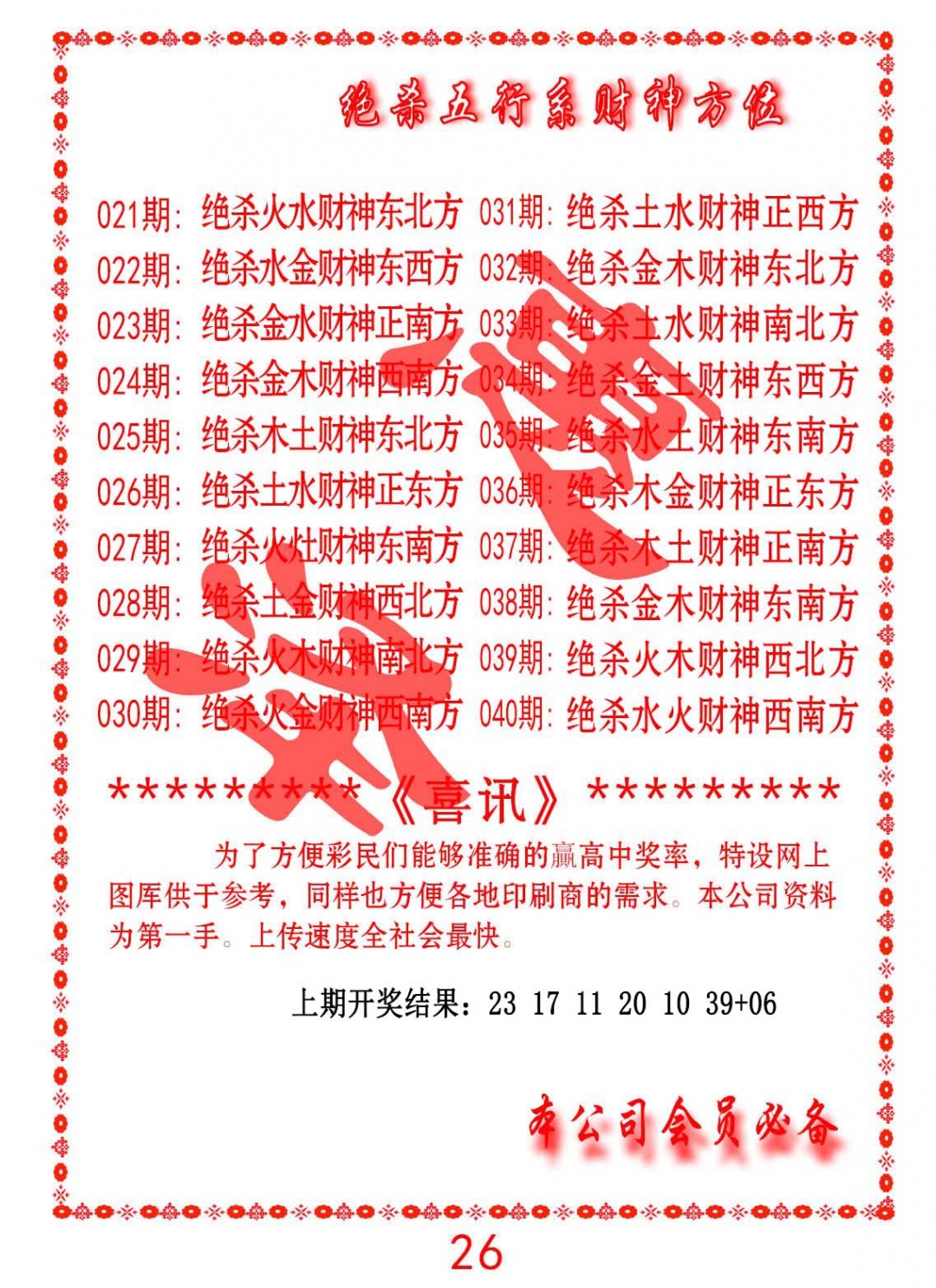 033期绝杀五行及财神方位[图]