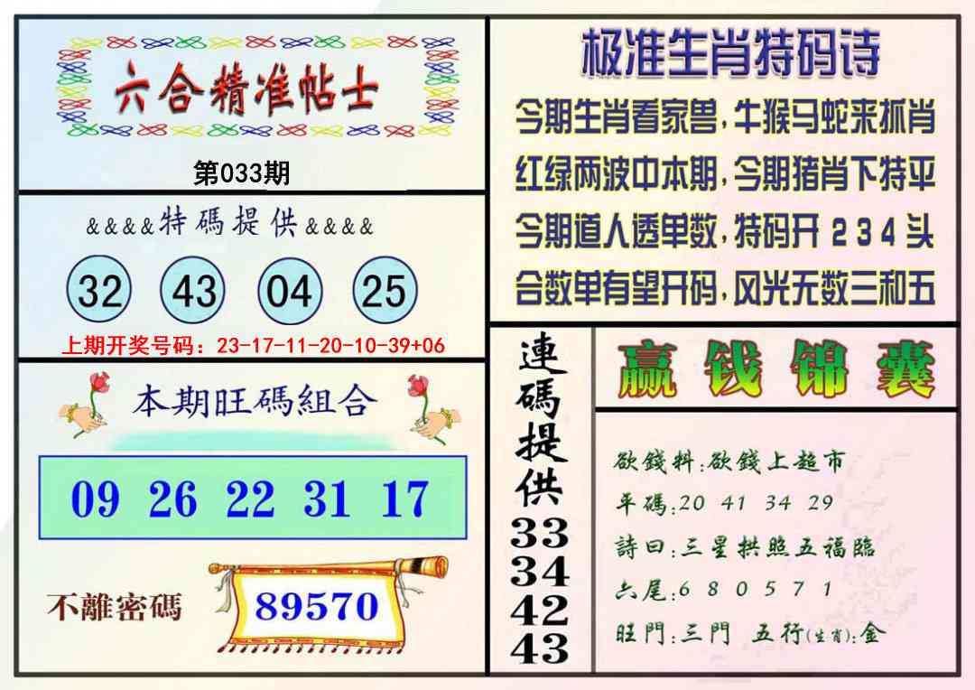 033期精准贴士[图]